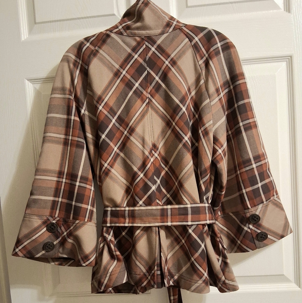Apt 9 Brown Plaid Double Breasted High Neck Belted Styled Jacket XL - Picture 6 of 10